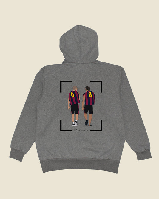fodboldtrøje andres iniesta og xavi fc barcelona, grå hoodie ryg