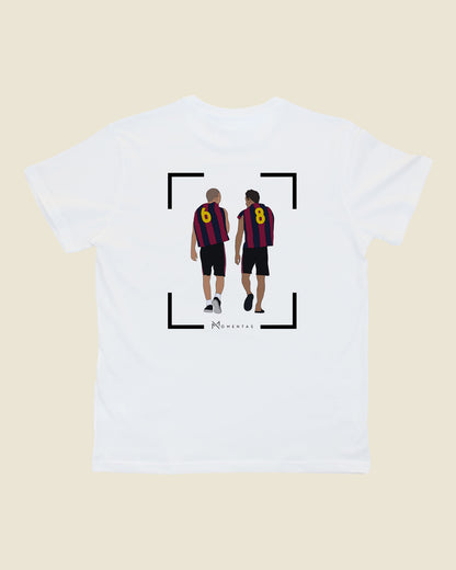 fodboldtrøje andres iniesta og xavi fc barcelona, hvid t-shirt ryg